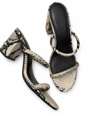 Women's Snake-Print Block Heel Sandals - Black & Cream